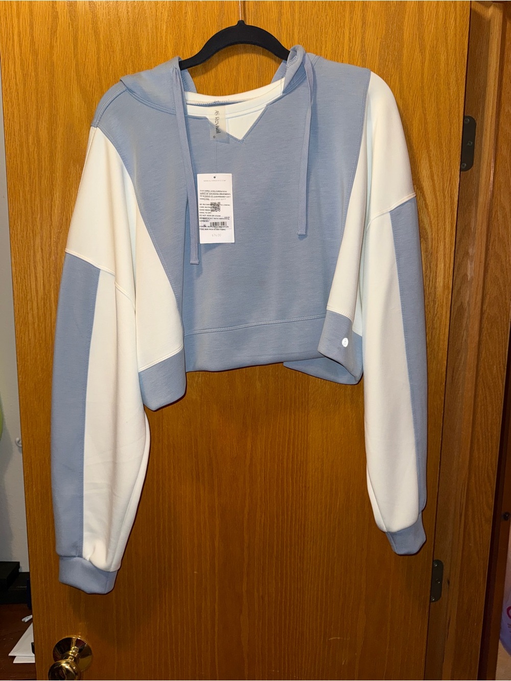 Colorblock Cropped Hoodie in Light Blue & White